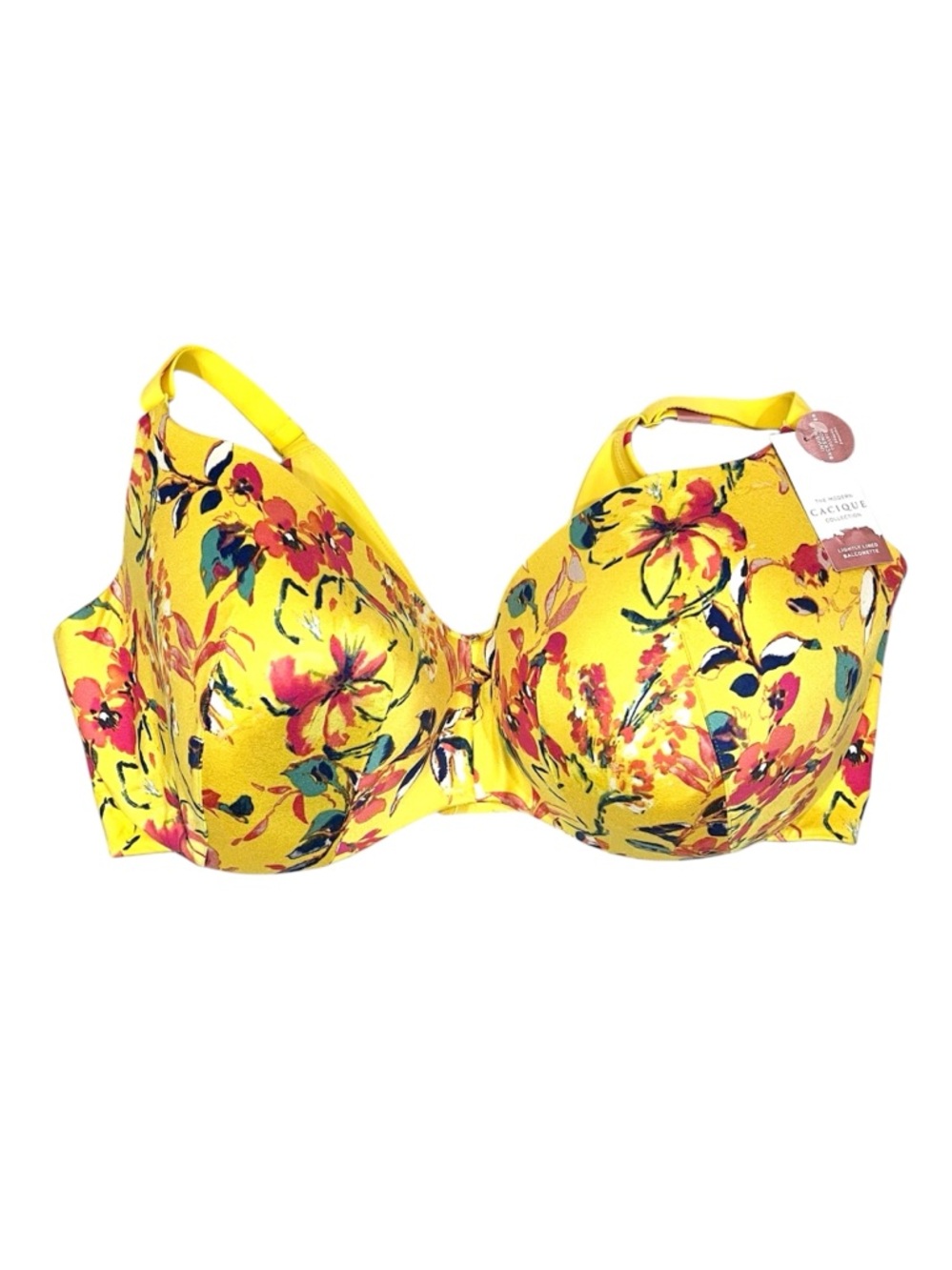 NWT Cacique Yellow Floral Lightly Lined Balconette Bra Invisible Back 44G